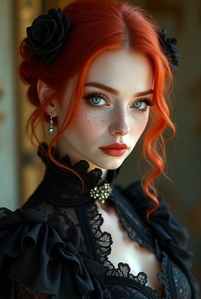 A very beautiful toreador vampire with extremely red hair, she has one blue eye and one green eye, she also has freckles, She has noble origins and is very fond of jewelry and always wears high heels., your high heel is elegant and chic, at the moment she is wearing modern 21st century clothes