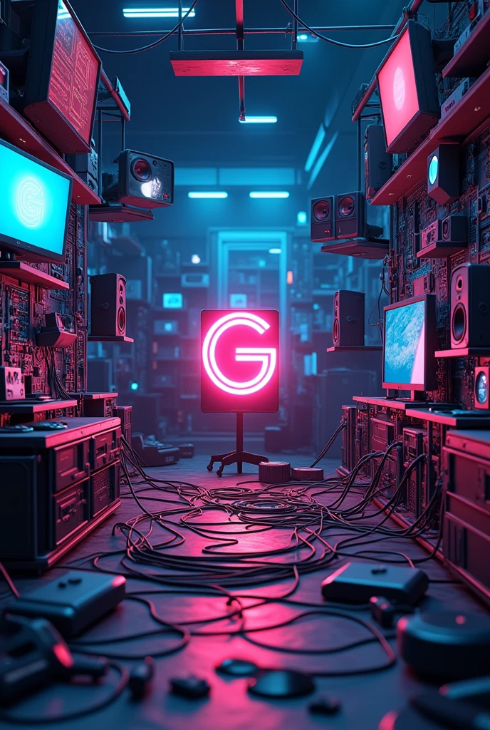 I want an image that says Gamar electronics in the background. that is surrounded by TV controls, antennas, earphones, televisions, sound booths, Headbands, type of rod cables, hair straighteners, Clothes irons, dryers, hairdressing machines, keyboards, Computers and other very realistic technological products