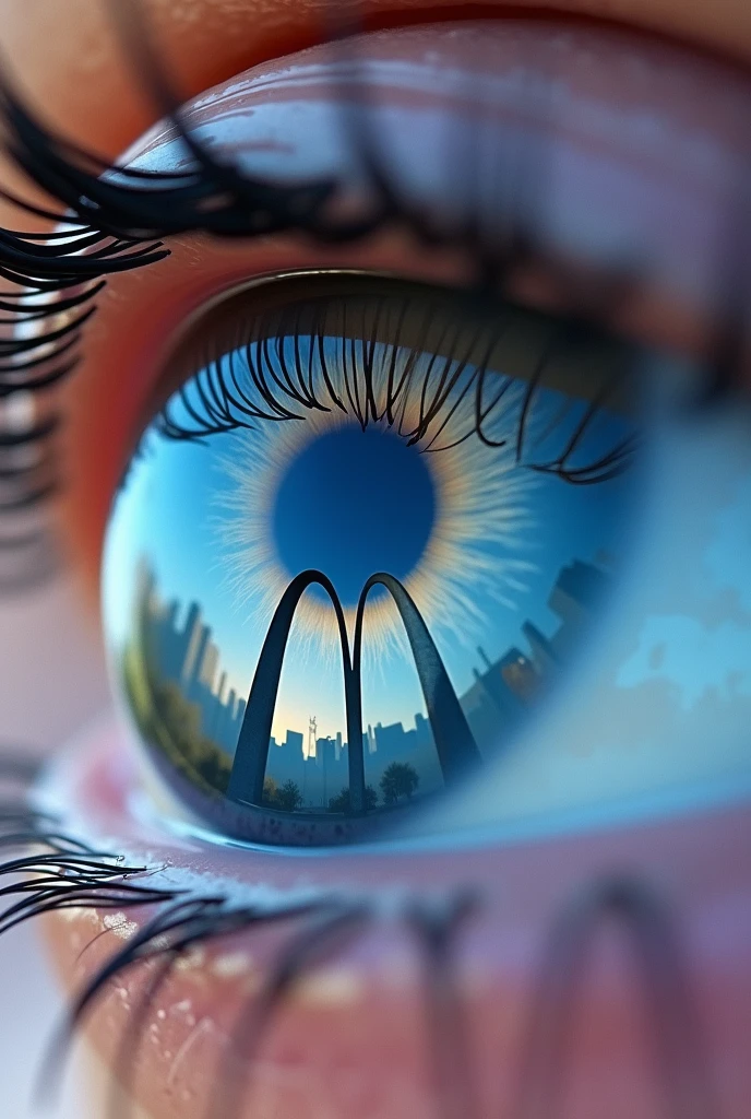 a look overlooking the sky, mirroring the Olympic arches in the crystal of the eye 
