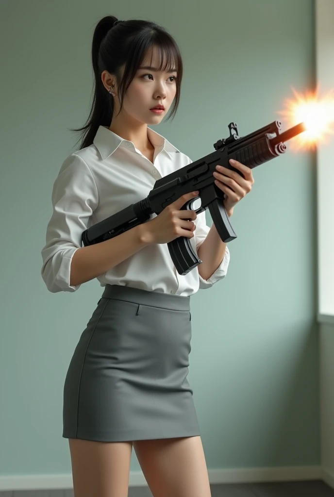 beautiful chinese office lady white shirt grey mini skirt realistic machine gun toting hip firing real person legs apart standing rampage shooting serious expression side target shouting