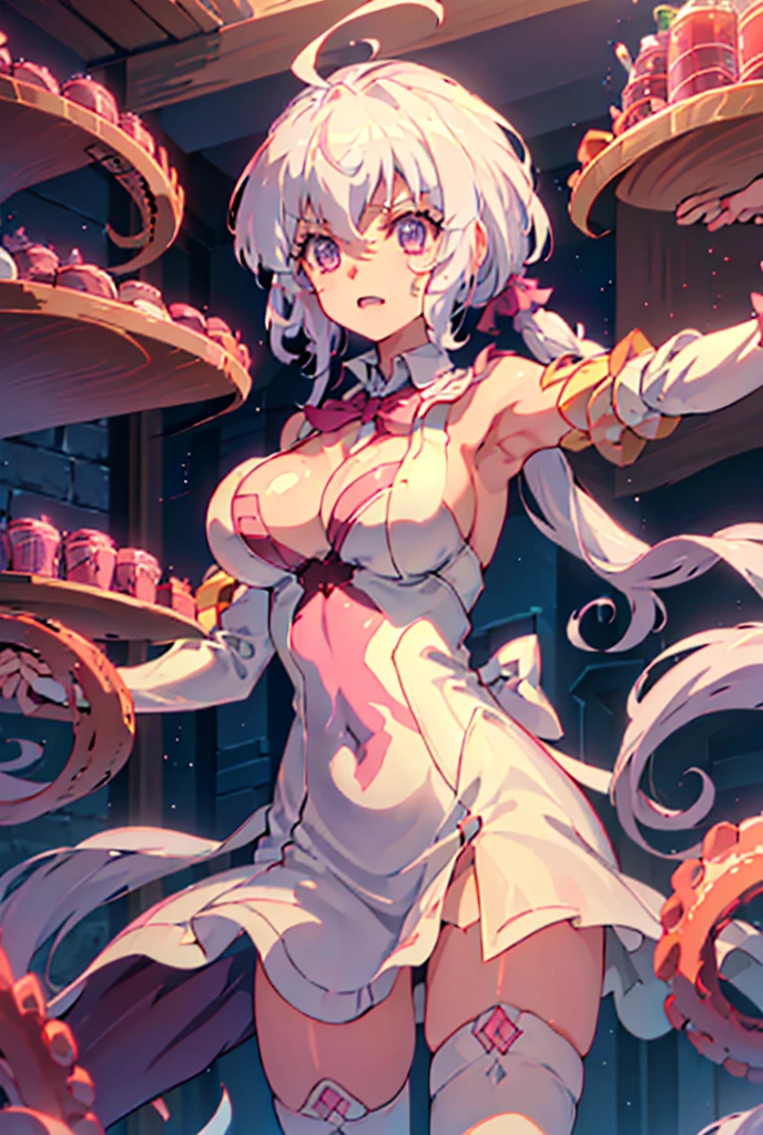 ((masterpiece)), ((Best quality)), (high resolution), (illustration), (an extremely delicate and beautiful), (ultra detailed beautiful face and eyes), nsfw, 1girl, leaning forward, YukineChris, long hair, purple eyes, twintails, low twintails, ahoge, large breasts, fishnet pantyhose, red a bow tie, volumetric lightning, detailed skin texture, detailed, volumetric shadow, anime screencap,Highest quality, Sorceress, ancient babylonian nobility, ((tan skin:1.2)), (brown skin color),Long hair, twin braids, hair ornament, wine colored hair, smile, Below average size breasts, bare shoulders, (underboob:0 Raise your legs vertically、Ready your gun?、腕を前方に伸ばして谷間強調
M字Leg spread、between legs、Groin、Tentaclesに体を絡まれる、Leg spread、Spread your legs、Ecstatic expression、Tentacles、Bondage 8K, masterpiece, Best_quality, high_resolution, ultra_details, detailed, 1girl, 独奏, looking_at_viewer, upper_body, indoors, braid, blurry, bangs, white_hair, blurry_background, collared_shirt, church, hair_ribbon, hair_between_eyes, sidelocks, depth_of_field, light_particles, window, french_braid, Alphonse Mucha Style, sharp focus, perfect hands, perfect face, perfect eyes, perfect light, dynamic light, natural light, Masterpiece, Best quality, red dress、Yukine Chris、Symphogear