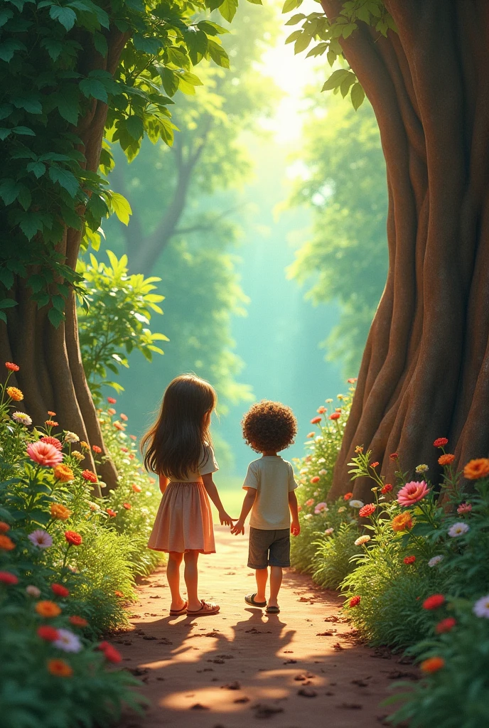A girl and a boy are standing back to the left and the boy passes by her and goes to the right. The girl's side turns into greenery and flowers and the boy's side turns into chocolate.