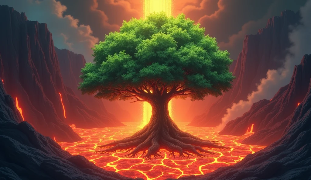 anime image of a lush tree with green leaves and deep roots stands in the middle of a volcano's mouth, lava flows all around it, fumes rise from the lava but the tree is strong and healthy, a ray of light illuminates the tree