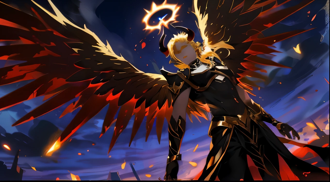 Male angel with blond hair, two horns on the forehead, yellow eyes, torn black clothes, blood angel, four elements flying around, divine crown, male character