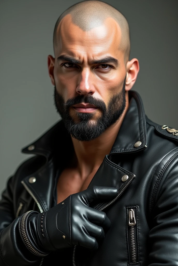 (photorealism:1.2), young attractive bald man, european, fit body, white skin, black short beard, brown eyes, biker outfit, black leather gloves