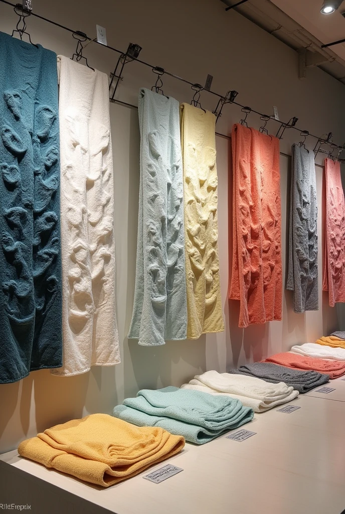 Make a planogram of "3D Texture" where the fabrics are printed in 3D, that is, with 3D printing machines. Creating complex and custom designs, offering customers the opportunity to choose patterns, colors and styles that suit your personality. 3D textile printing also opens up new possibilities. 
Fabrics with 3D printing filaments Recycled plastic material altered to be a filament for the 3D printed machine More minimalist so that the 3D printed material is still noticeable