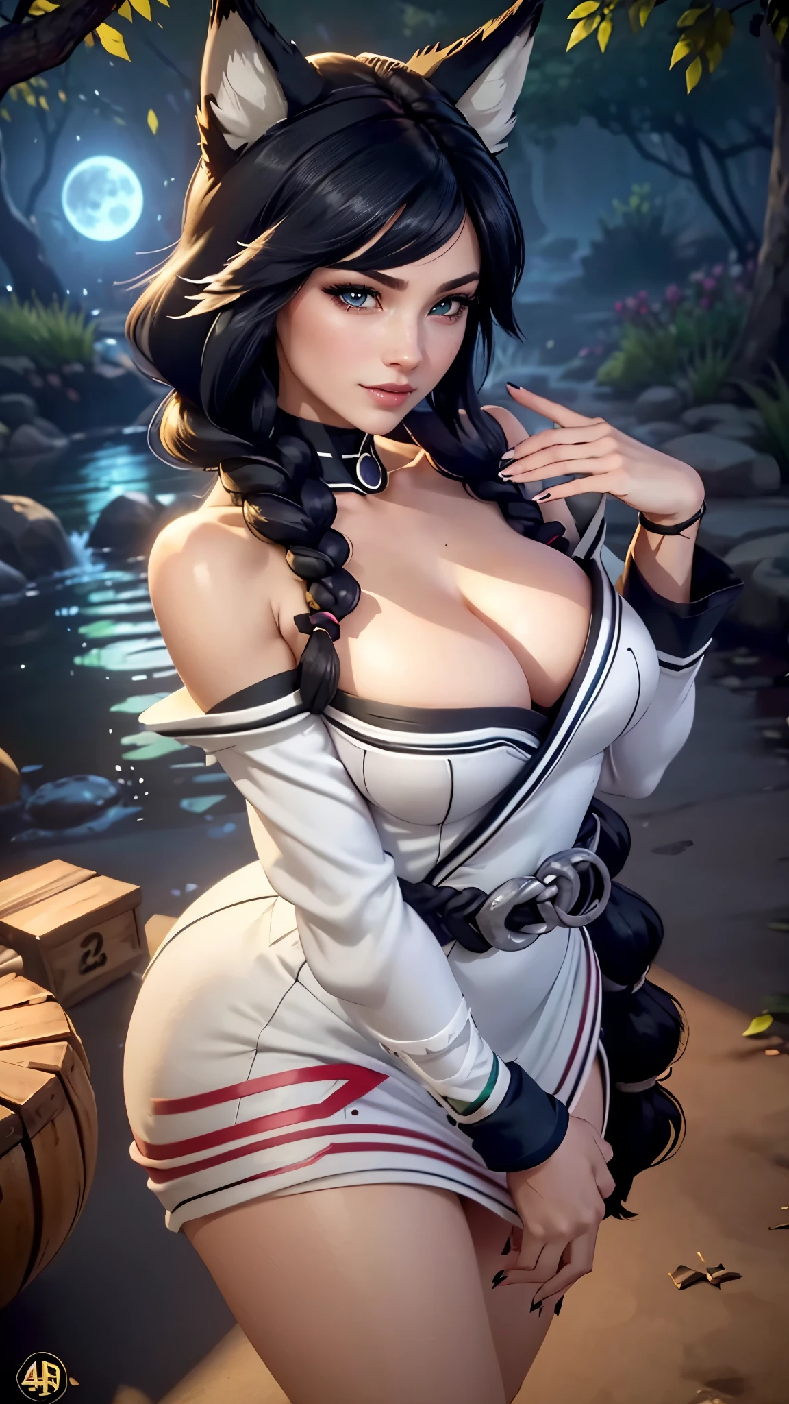 Ahri da league of legends,(best qualityer,4K,8k,high resolution, work of art:1.2)(weather: moonlight), Japanese female, spirit forest pond background, red and white long sleeve korean kimono dress, cleavage, spirit sphere, cute makeup, thigh high boots, belt, long black and white hair, braided hair, fox ears, multiple fox tails, ultra detailed, realistic, portrait, beautiful detailed green eyes, freckles, beautiful detailed lips, extremely detailed eye and face, beautiful girl, long eyelashes, sexly, average, large breasts, beaming smile, playing, stunning curves, bright coloured, dramatic lighting,
