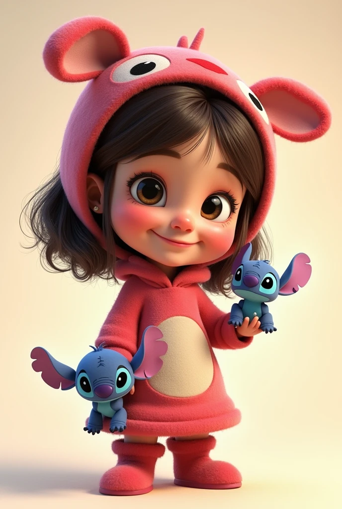 **Poster Description:**
Movie Poster Title: Emma
1. **Main characters**:
- pixar type caricature. girl. Dark blonde hair slightly wavy. smiling.
In Stitch costume. And a little Stitch stuffed animal in one hand