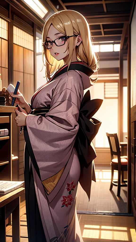 A beautiful blonde girl in a kimono studying at her desk, (1girl:1.3), Masterpiece, Best quality, amazing beauty, [[3D]], 4K, absurdres, finely detail, super detailed eye, perfect anatomy, official art, cinematic lighting, BREAK, Japanese-style room, silky long hair, forehead, blonde, super shiny detailed black eye, big eyes, sparkle(in the eyes), thin eyebrow, Gazing into the Distance, open-mouth, plump lips, Mascara, False eyelashes, pink lips, eyewear, happy face, BREAK , usually, tall, slender, fair skin, Are standing, full body, from front, BREAK , , BREAK,(kimono:1.3)