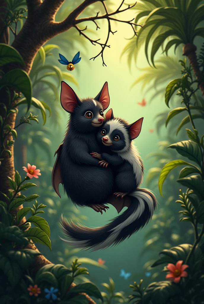 A bat and a skunk in a jungle nesting together.