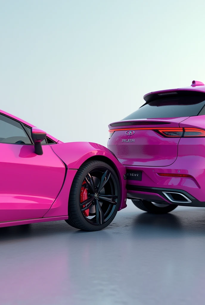 pink car with sound box in the trunk crashes behind a regular car while parking, profil view of cars, 8K, High Quality, Photorealistic, Clean Background, 8K, High Quality, 
