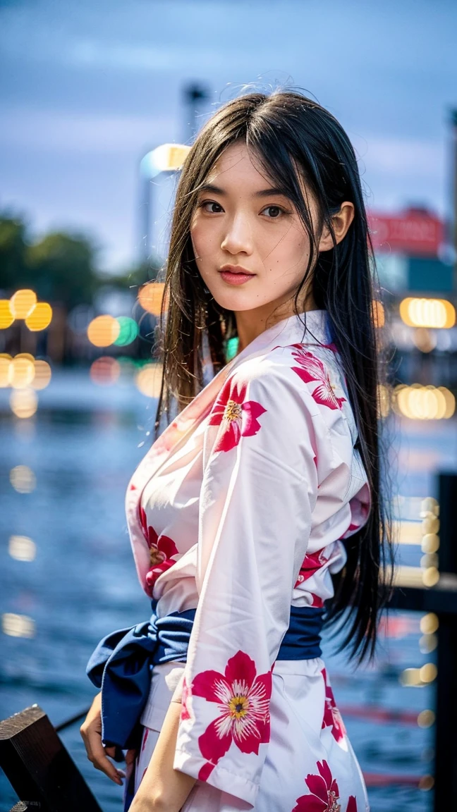 Masterpiece, best quality, ultra high resolution, hyper realistic, realistic, (photorealistic:1.4), masterpiece of analog film photograph a girl, long black hair, blunt bangs, taken by Hideaki Hamada using Pentax 67II and Kodak Portra, medium shot, looking to viewer, standing by a riverside at night, watching fireworks, She is dressed in a traditional, elegant yukata with a floral pattern and an obi sash, The background shows colorful fireworks lighting up the night sky, reflections on the water, and people in the background enjoying the festival, High-resolution, realistic depiction, with a touch of elegance and allure, anatomically correct