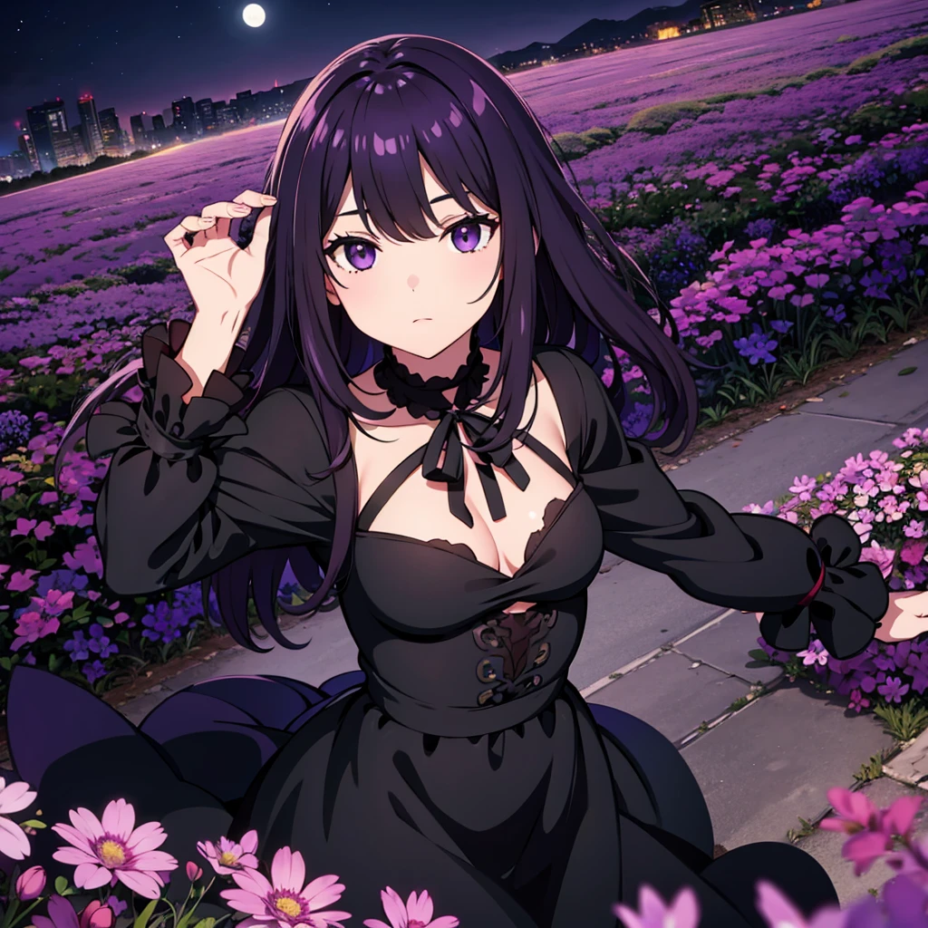 A crow in a field of wilted purple flowers, at night.