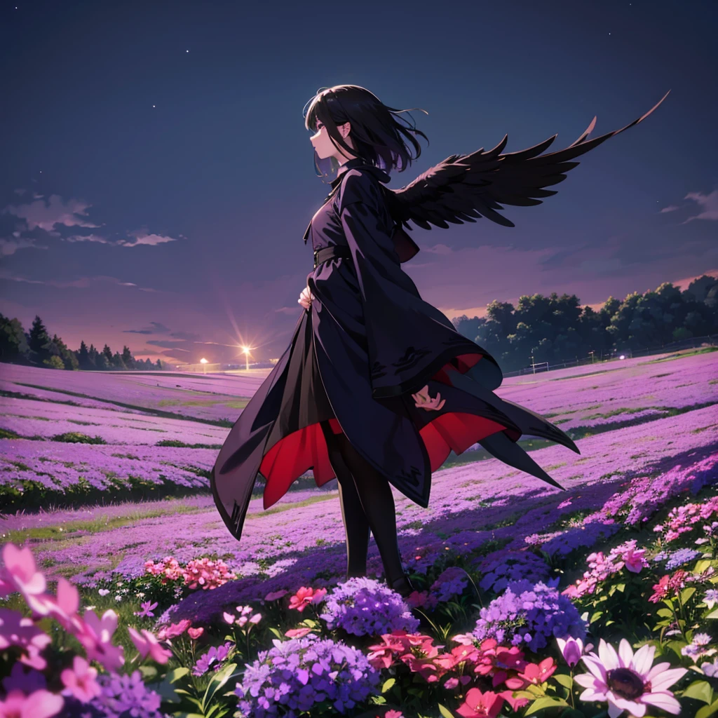 A crow in a field of wilted purple flowers, at night.