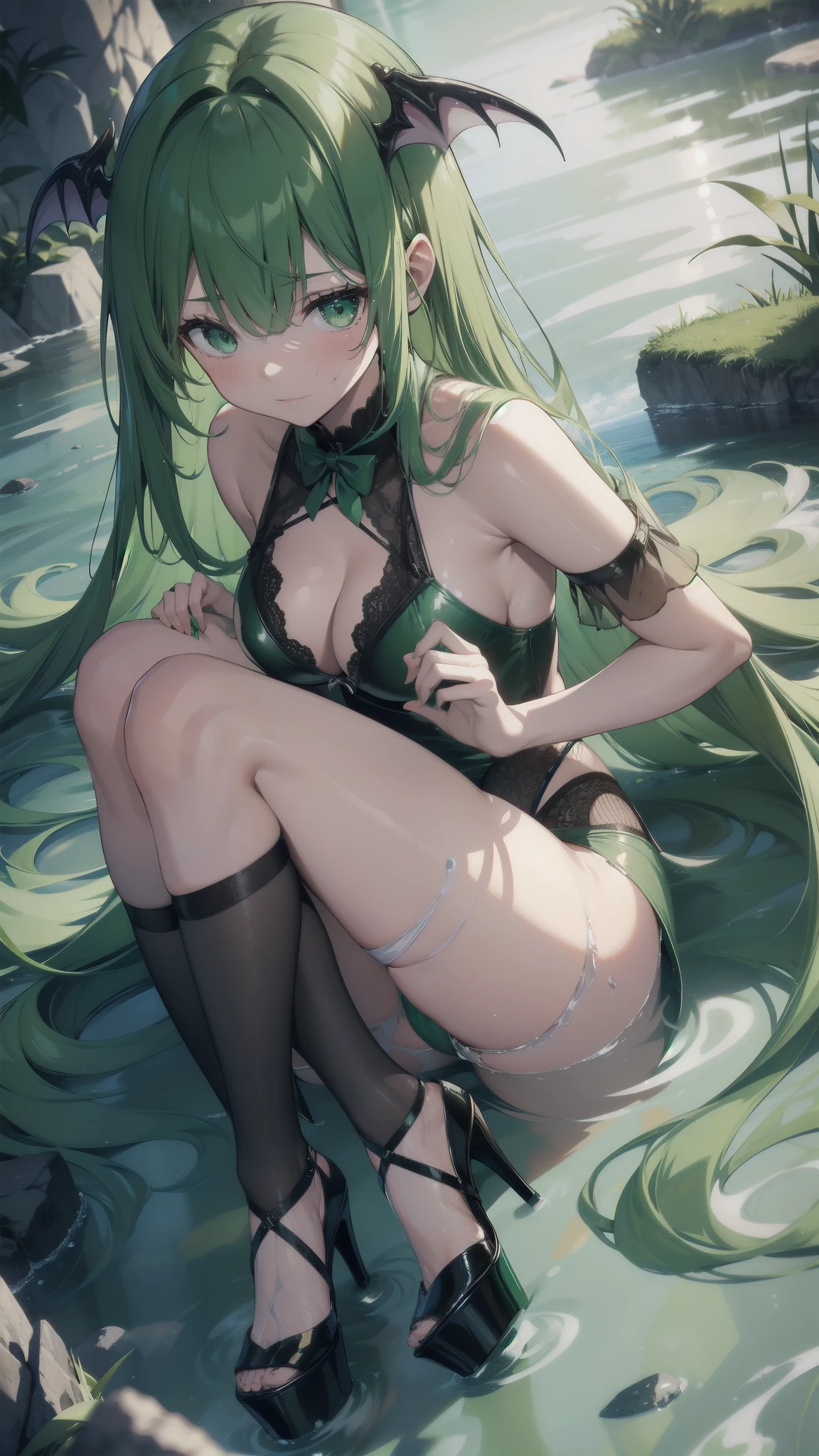 ,High heel,stringy viscous liquid,underwear,succubus,Green Hair,close up,transparent,Soaked,shy,Back