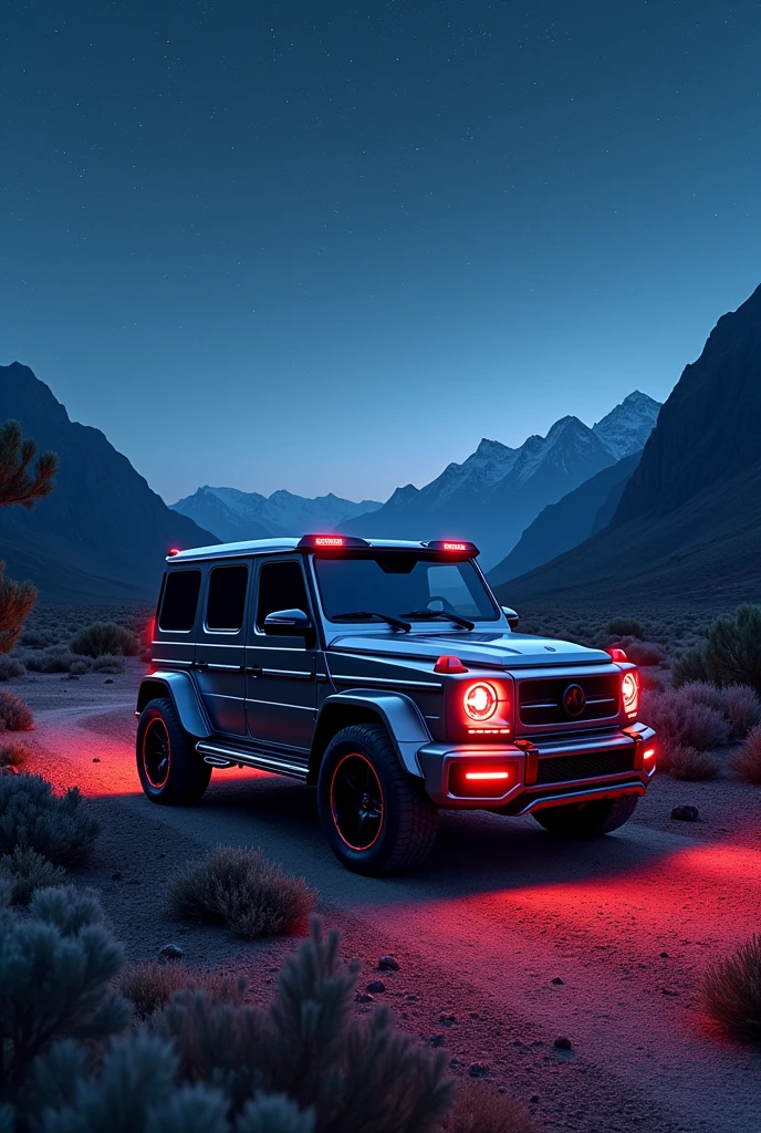 Mercedes-Benz G-Class, with body kit parked in the wilderness under a starry sky and neon lights turned to right