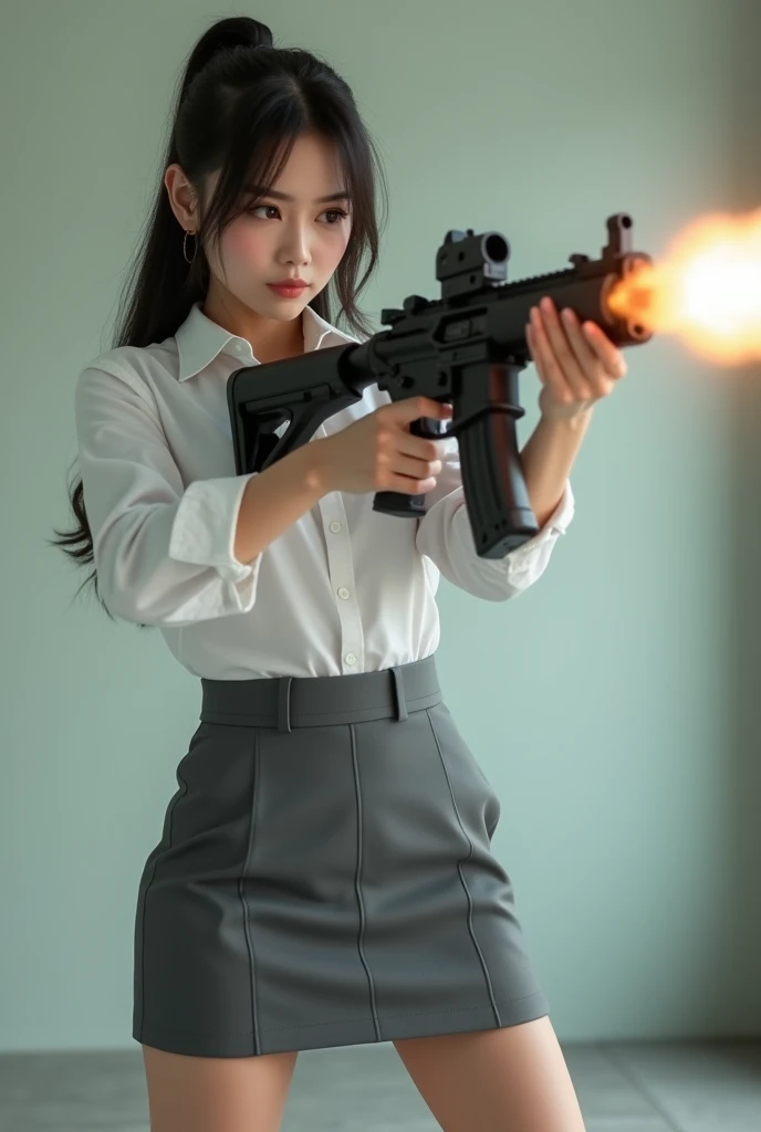 beautiful chinese office lady white shirt grey mini skirt realistic machine gun toting hip firing real person legs apart standing rampage shooting serious expression side target shouting