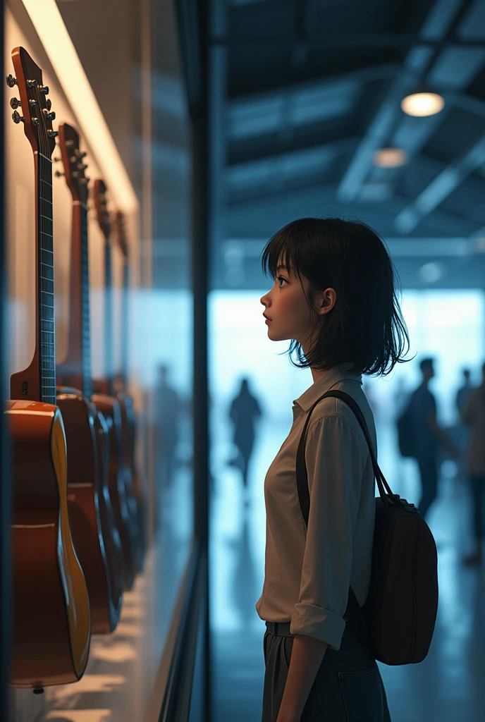 Young woman looking longingly at a guitar shop window Anime style Train station in the background Low angle perspective