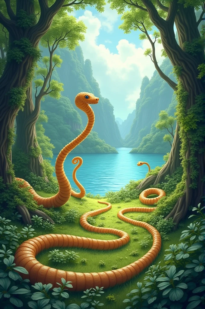 Noodles like snake's in a green Forest with grassy ground and blue water lake