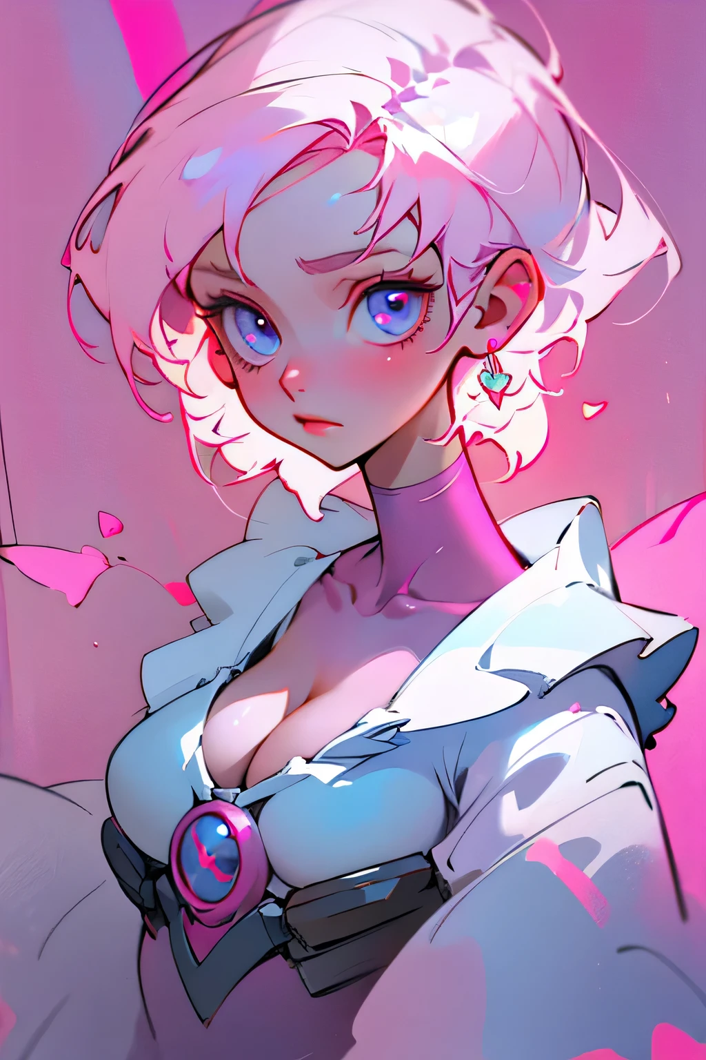 watercolor and oil painting fusion, best quality, hot pink artwork, white line art, beautiful woman self portrait, light up, big detailed eyes, ulzzang, big breasts, cleavage,