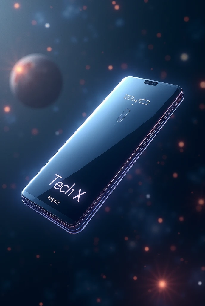 Sleek smartphone floating in space, dynamic lighting, ultra-realistic render, product name 'TechX' visible on screen"