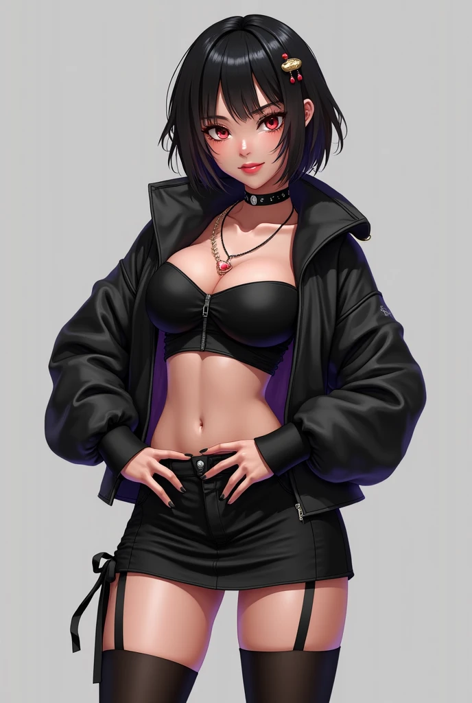 Gawr Gura wearing a black crop top with a black miniskirt. The top isn’t too revealing, but it definitely doesn’t leave a lot up to imagination, exposing a decent amount of my midriff, while the skirt hugs my hips and thighs nice and tightly. I’m also wearing thigh high black socks, and a choker. Nothing crazy, just enough to bring some attention
