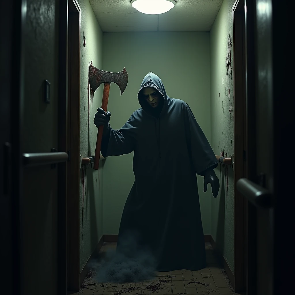 No shadow runner, shaped like a man, raises a shining axe, now covered in wood chips and dark stains. The corridor is plunged into almost total darkness., with the only light source being a flickering ceiling light, that projects distorted shadows. Each blow of the axe against the bathroom door is a guttural boom that echoes through the enclosed space., making the wood crack and creak ominously. The sound of metal cutting through wood and the echo of falling fragments are almost deafening.. The man, with his face hidden in the shadows, reveals only his eyes sparkling with a cruel and insatiable glow, reflecting a supernatural fury. The air is heavy and charged with a palpable tension, while the door, now almost destroyed, seems to beg for a moment of calm before the impending invasion. Fear intensifies with each blow, as the inevitable bathroom showdown becomes ever more imminent.