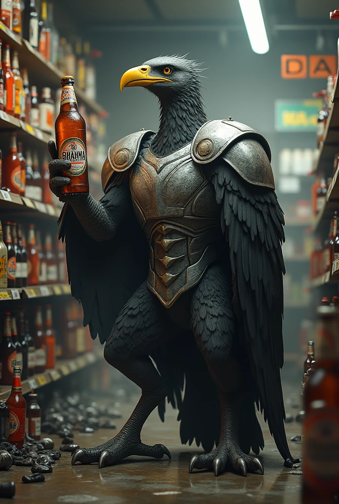 a vulture with silver armor with a bottle of Brahma beer in an Ambev liquor store with several bottles on the floor