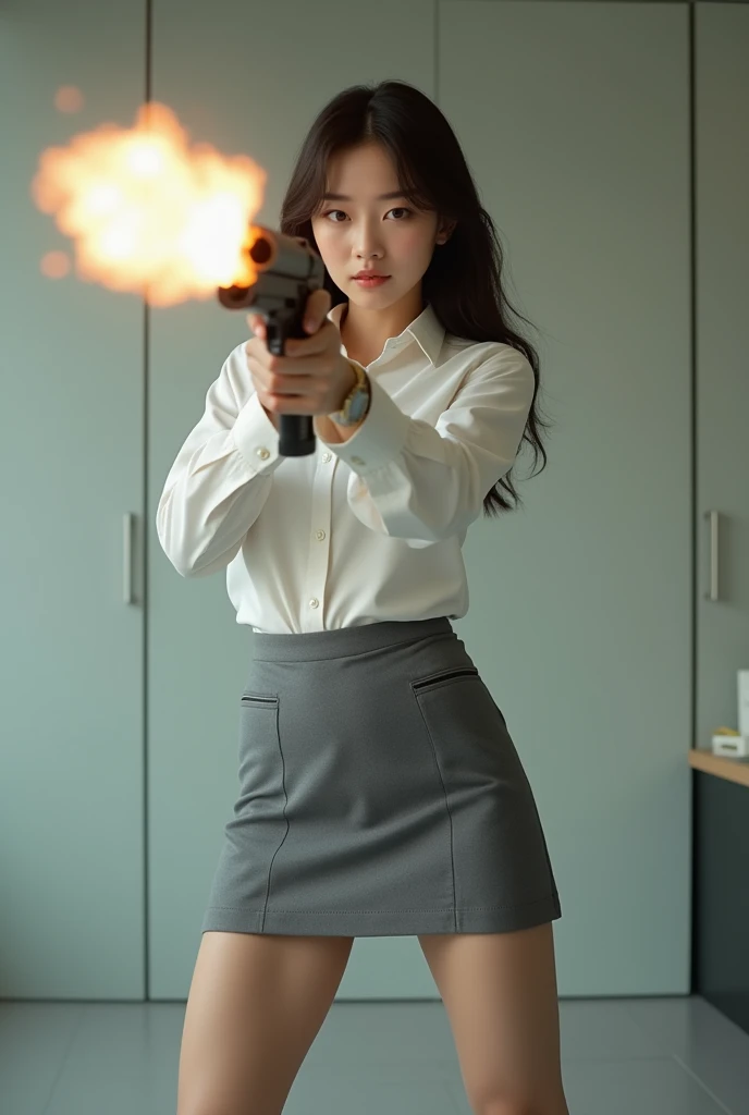 beautiful chinese office lady white shirt grey mini skirt realistic machine gun toting hip firing real person legs apart standing rampage shooting serious expression side target shouting