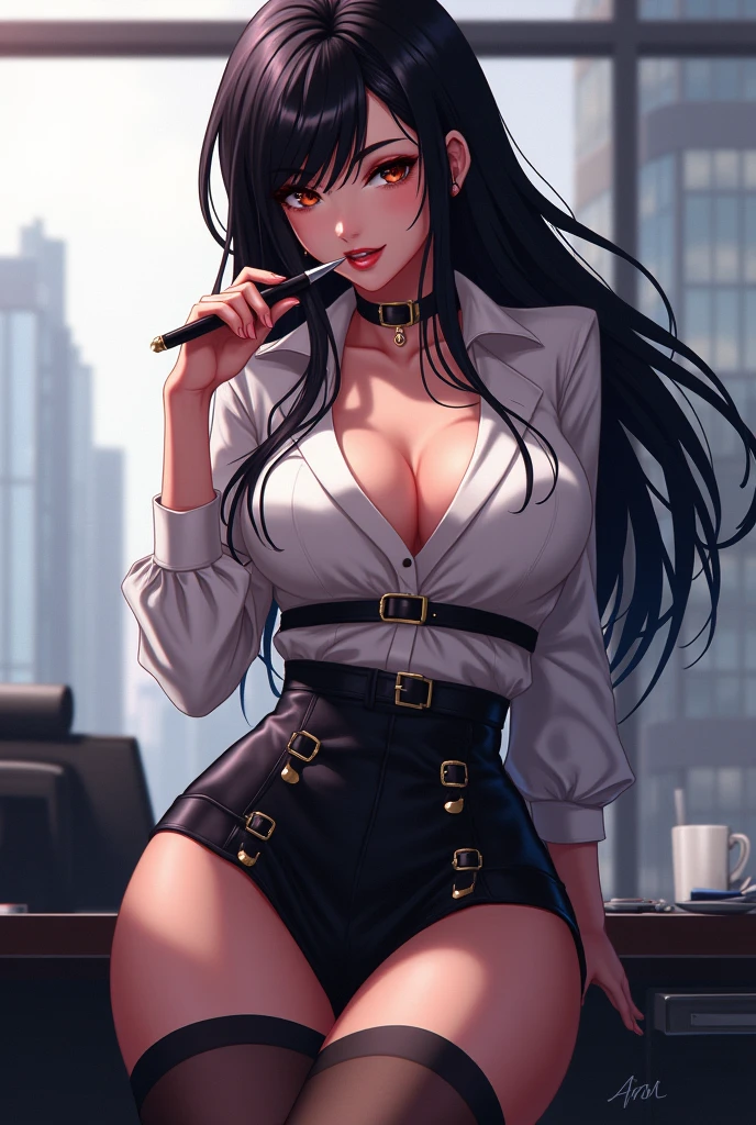 anime 2dfd femme d'affaires findom avec de longs cheveux noirs, porter une minijupe, Talons hauts, collants en résille et un chemisier blanc sexy, mordre un stylo 