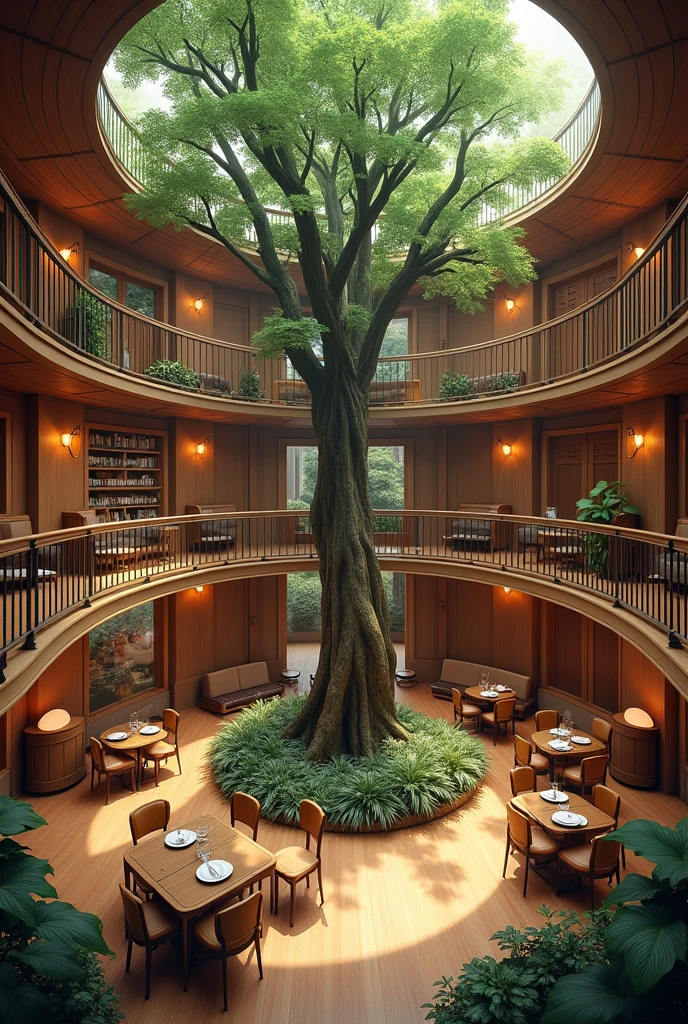 Image of a coffee shopMezzanine structure: The mezzanine is designed to surround the 4 sides of the restaurant., form an arc or balcony overhead. This means that from each side of the mezzanine, bạn có thể nhìn xuống không gian chính của quán.Big tree in the middle: The large tree remains in the center of the space under the mezzanine., create green highlights and connections between the floors of the restaurant. The mezzanine will be designed so as not to obscure the tree but still let the tree stand out..Design and decoration: Wood is still the main material. The mezzanine can have wooden or powder-coated iron railings to ensure safety and create style consistency.. Mezzanine furniture can be used as relaxing sitting areas., Workbench, or small table for guests.Light and air: Ensure adequate natural and artificial lighting so that the mezzanine space does not feel dark or cramped.. Soft lighting can be used to create a cozy atmosphere. More simply