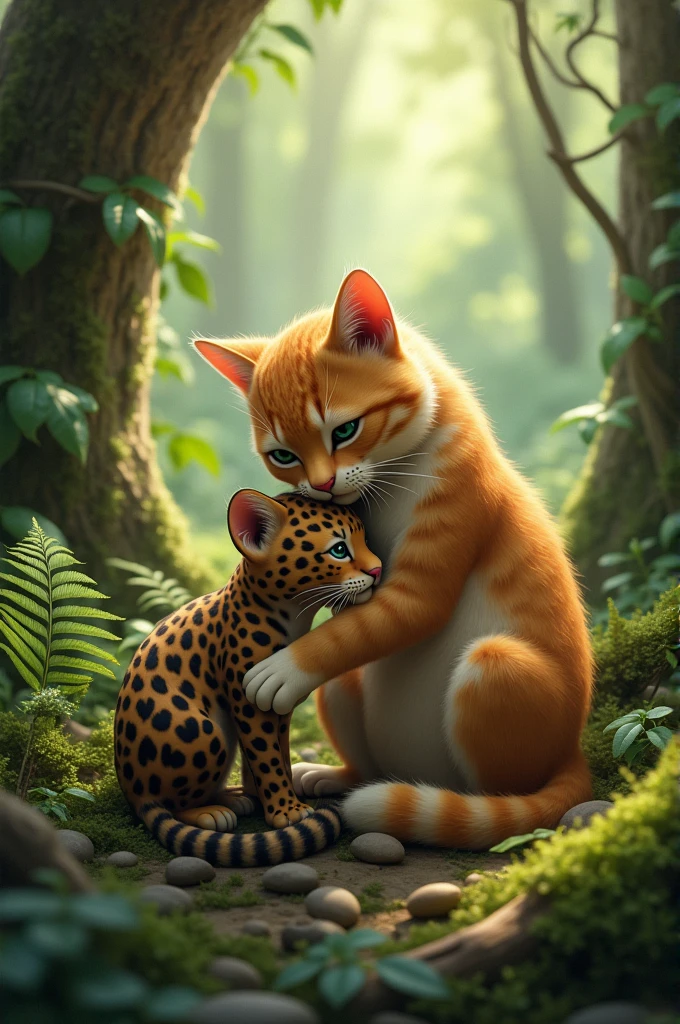 Cat caring for a jaguar cub