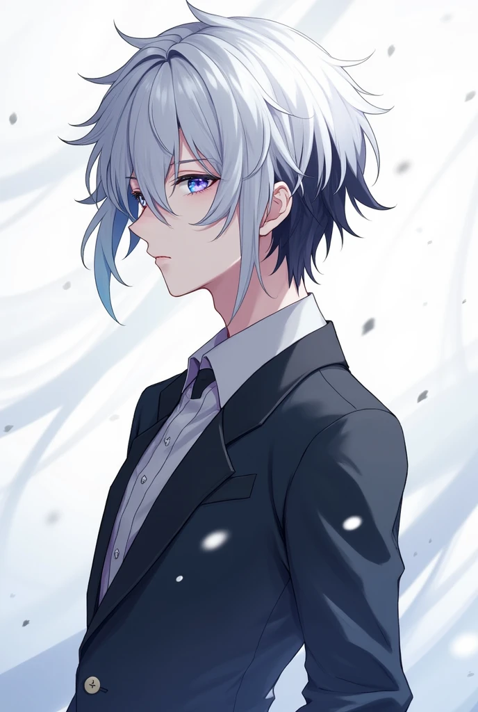 Can you create me a handsome anime boy with a beautiful body and who is white as snow and who has white hair with black tips and his eyes are light blue with purple in each position of the hair from the front to the back in profile?