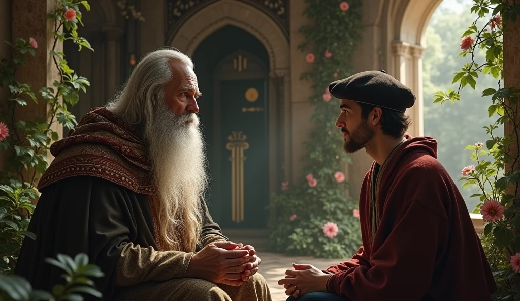 Michael Nostradamus has an oval face and a serious expression, a long beard and long dark, wavy white hair. He usually wears 16th century clothing, including a cloak or cape and a beret-type hat. His eyes are piercing and contemplative. in a temple thinking with 1 friend full of nature