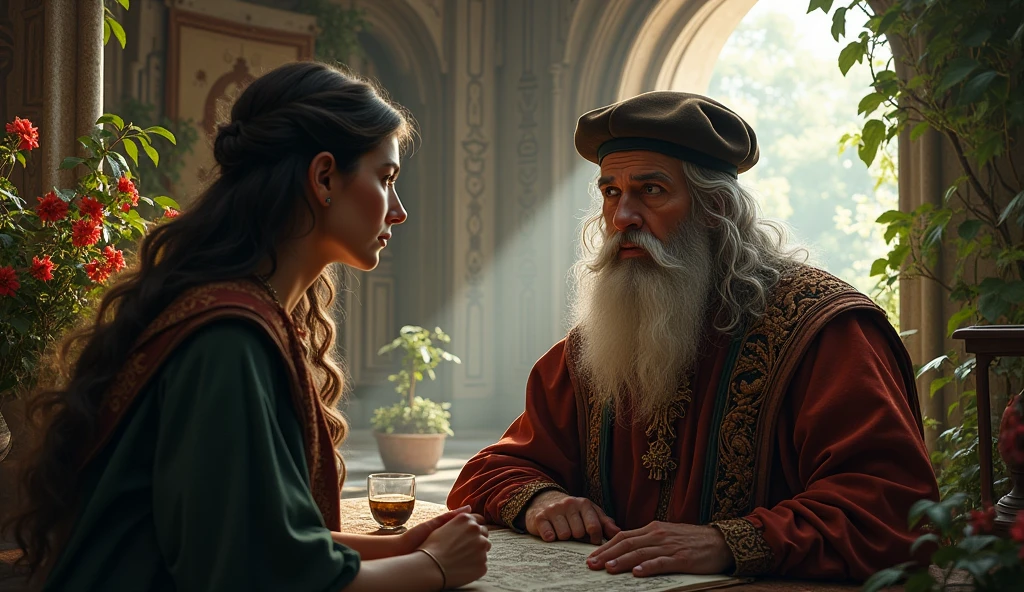 Michael Nostradamus has an oval face and a serious expression, a long beard and long dark, wavy white hair. He usually wears 16th century clothing, including a cloak or cape and a beret-type hat. His eyes are piercing and contemplative. in a temple thinking with 1 friend full of nature