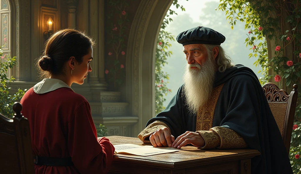 Michael Nostradamus has an oval face and a serious expression, a long beard and long dark, wavy white hair. He usually wears 16th century clothing, including a cloak or cape and a beret-type hat. His eyes are piercing and contemplative. in a temple thinking with 1 friend full of nature
