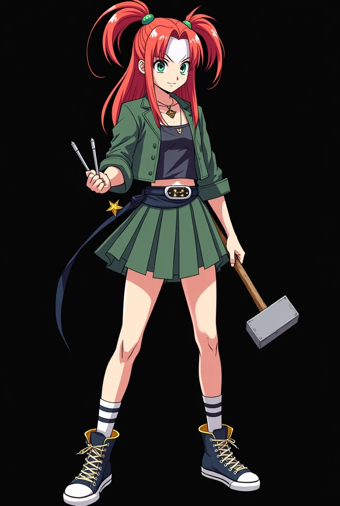 A full body image of an 1 girl named Hana Watanabe, personagem do anime "dragonball z", she is very beautiful, with medium length straight fire-colored hair with two white highlights in the front, framing your face. She has blue-green eyes and pale skin.. she is a Wiccan, she is in fighting pose. she wears a pentagram necklace, croped, glued skirt, beautiful women's high-top shoes and ¾-long socks, she holds a nail hammer and small nails. It is drawn with Akira Toryama's animation. black backdrop.