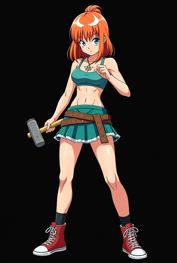 A full body image of an 1 girl named Hana Watanabe, personagem do anime "dragonball z", she is very beautiful, with medium length straight fire-colored hair with two white highlights in the front, framing your face. She has blue-green eyes and pale skin.. she is a Wiccan, she is in fighting pose. she wears a pentagram necklace, croped, glued skirt, beautiful women&#39;s high-top shoes and ¾-long socks, she holds a nail hammer and small nails. It is drawn with Akira Toryama&#39;s animation. black backdrop.