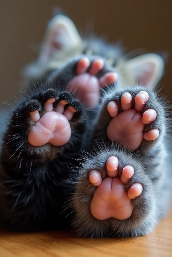 Three kitten paws each color, negro, gray and one with gray with dark stripes, that are real and do not look like toys