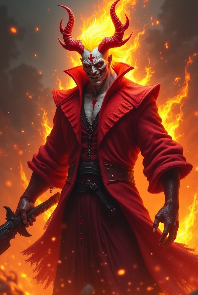 Uzoth Blox fruit admin with yellow flammable hair and red horn white skin and vampire tooth two red marks in his cheeks and red which clothing and a red mark in his head holding an dark balde in his hand and flames are all around him and he is brutal