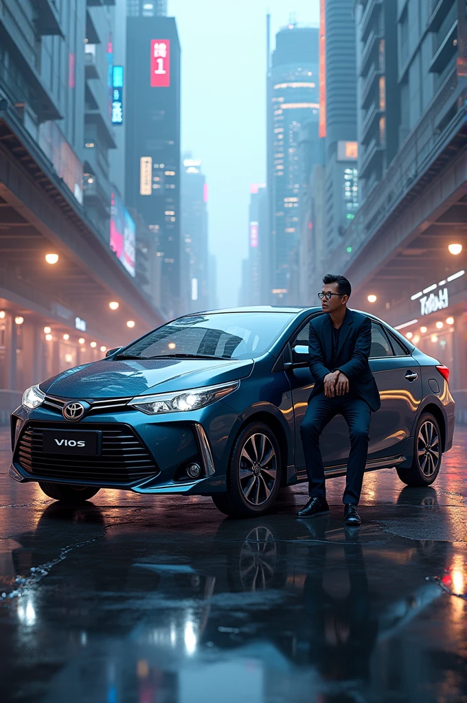 Toyota vios in xityscape background with a man who is sitting