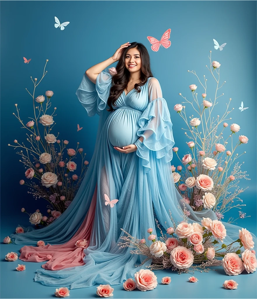 pregnant woman in blue dress posing for a photo with flowers and butterflies, cyan photographic backdrop, blue and pink, blue and pink color scheme, full body portrait shot, blue and pink colors, maternal photography 4 k, full body photoshoot, pink and blue colour, light blue dress portrait, by Elena Guro, blue and pink colour splash, full body photograph