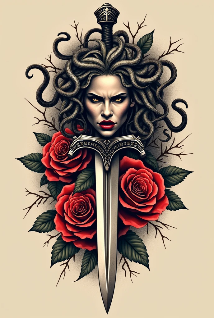 tattoo of medusa on top of a sword with roses around it