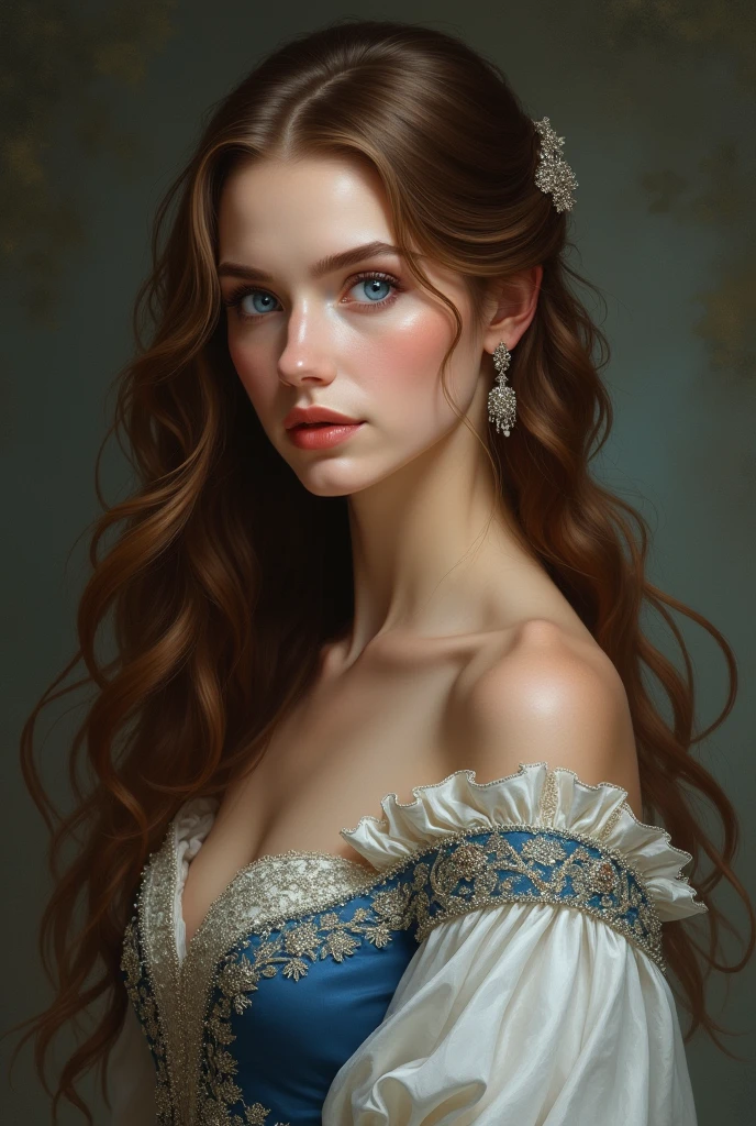 Brown haired woman, slavic, white, blue colored eyes, royaltly