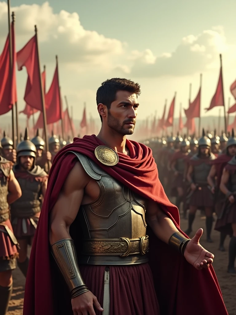 "With a disciplined army and his military cunning, Caesar faced Gallic tribes that, though fierce and numerous, lacked the unity needed to resist Roman power." Julius Caesar, leading a Roman army in tight formation, with a focused expression, ancient Roman era, dressed in Roman general armor, on a battlefield with disordered Gallic warriors, Caesar pointing forward as the legionaries advance, Roman standards and scattered Gallic warriors are seen in the background, wide shot, hyper-realistic, photo realism, cinematography -- ar 9:16