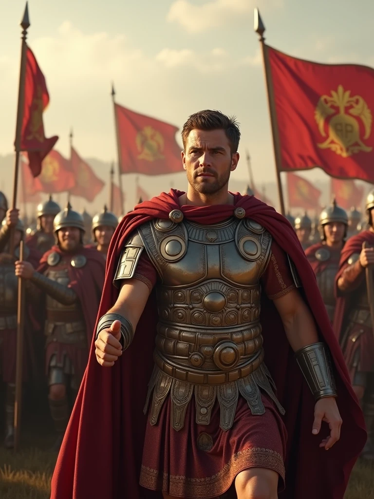 "With a disciplined army and his military cunning, Caesar faced Gallic tribes that, though fierce and numerous, lacked the unity needed to resist Roman power." Julius Caesar, leading a Roman army in tight formation, with a focused expression, ancient Roman era, dressed in Roman general armor, on a battlefield with disordered Gallic warriors, Caesar pointing forward as the legionaries advance, Roman standards and scattered Gallic warriors are seen in the background, wide shot, hyper-realistic, photo realism, cinematography -- ar 9:16