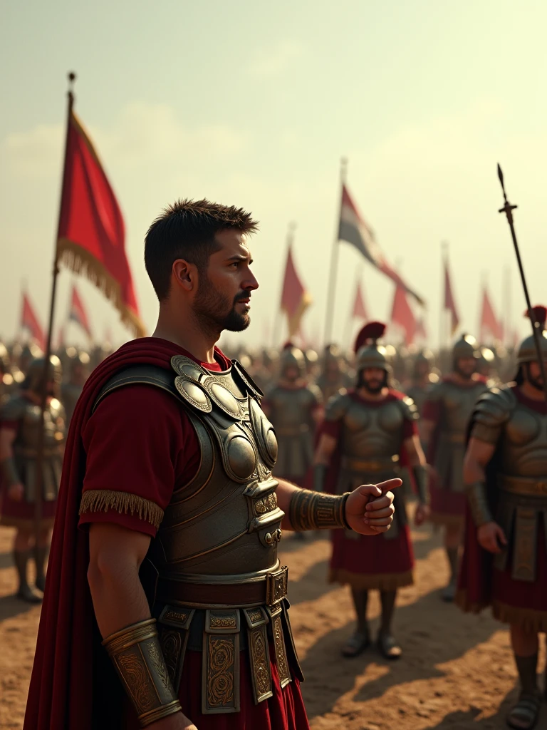 "With a disciplined army and his military cunning, Caesar faced Gallic tribes that, though fierce and numerous, lacked the unity needed to resist Roman power." Julius Caesar, leading a Roman army in tight formation, with a focused expression, ancient Roman era, dressed in Roman general armor, on a battlefield with disordered Gallic warriors, Caesar pointing forward as the legionaries advance, Roman standards and scattered Gallic warriors are seen in the background, wide shot, hyper-realistic, photo realism, cinematography -- ar 9:16