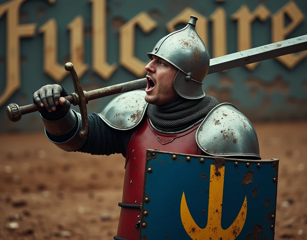 A film scene with a pikeman brandishing a steel sword, and carrying a shield blue and red shield with thin vertical yellow sword painted upwards coat of arms, damaged by fighting. (medieval battered chain mail, helmet, gloves, very battle-damaged). He has white skin and scars his face. shouting, and bloods on himm. (He's in a medieval arena, with the words "Fulcaire" written in large golden letters in the foreground).