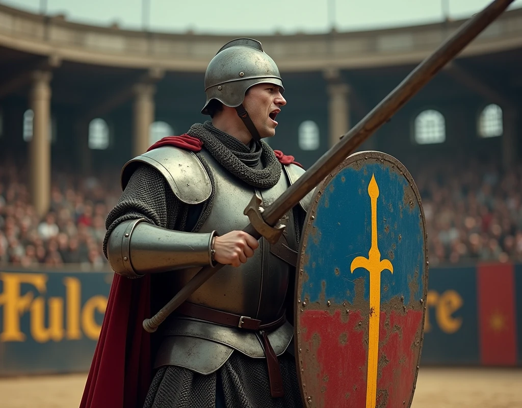 A film scene with a pikeman brandishing a steel sword, and carrying a shield blue and red shield with thin vertical yellow sword painted upwards coat of arms, damaged by fighting. (medieval battered chain mail, helmet, gloves, very battle-damaged). He has white skin and scars his face. shouting, and bloods on himm. (He's in a medieval arena, with the words "Fulcaire" written in large golden letters in the foreground).