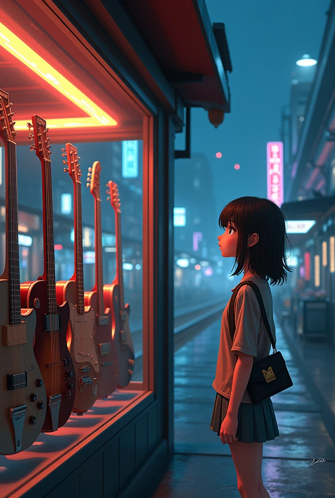 Young woman looking longingly at a guitar shop window Cyberpunk anime style Train station in the background 